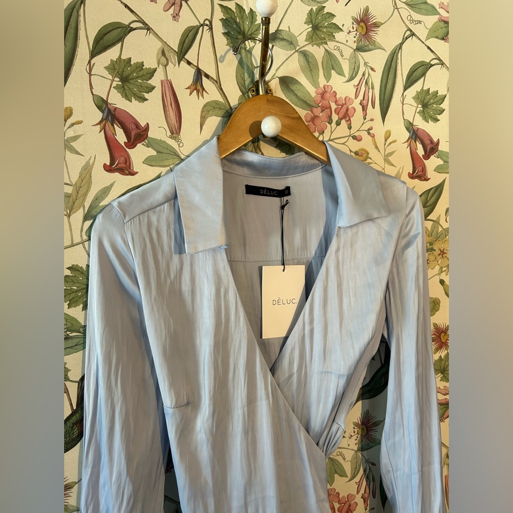 BNWT Baby Blue Satin Wrap Dress - Picture 2 of 3